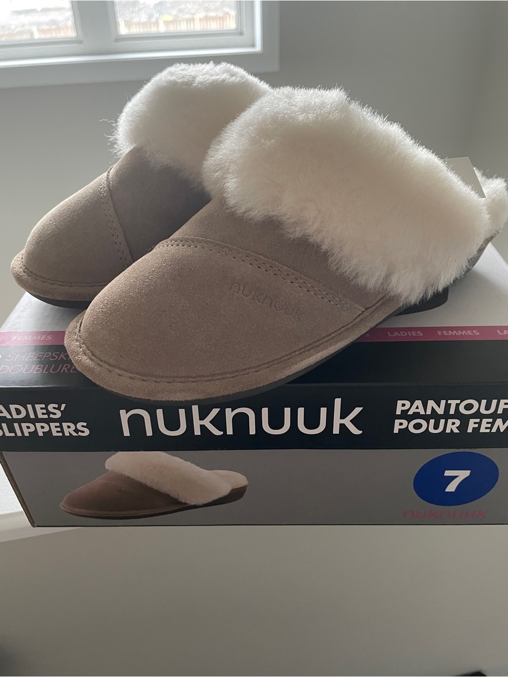 Women's Taupe Shearling-Lined Slip-On Slippers